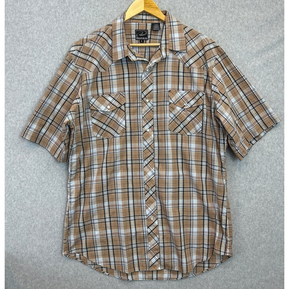 Roper Western Snap Shirt Brown Tan Plaid Metallic Short Sleeve Rodeo Mens XL